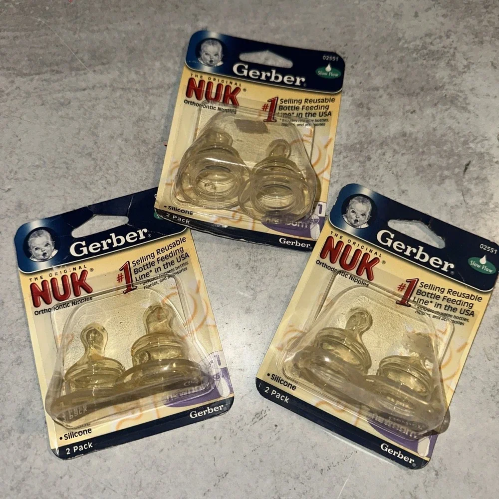 3 Sets Of 2 Gerber NUK Orthodontic Nipples Size 1 Slow Flow Silicone Sitter